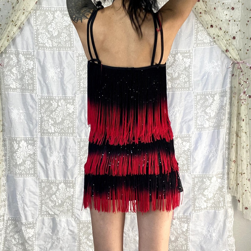 Red Black Ombre Fringe Flapper Dress Sequin Halter Gatsby Latin Dance Sz S/M - Picture 12 of 15